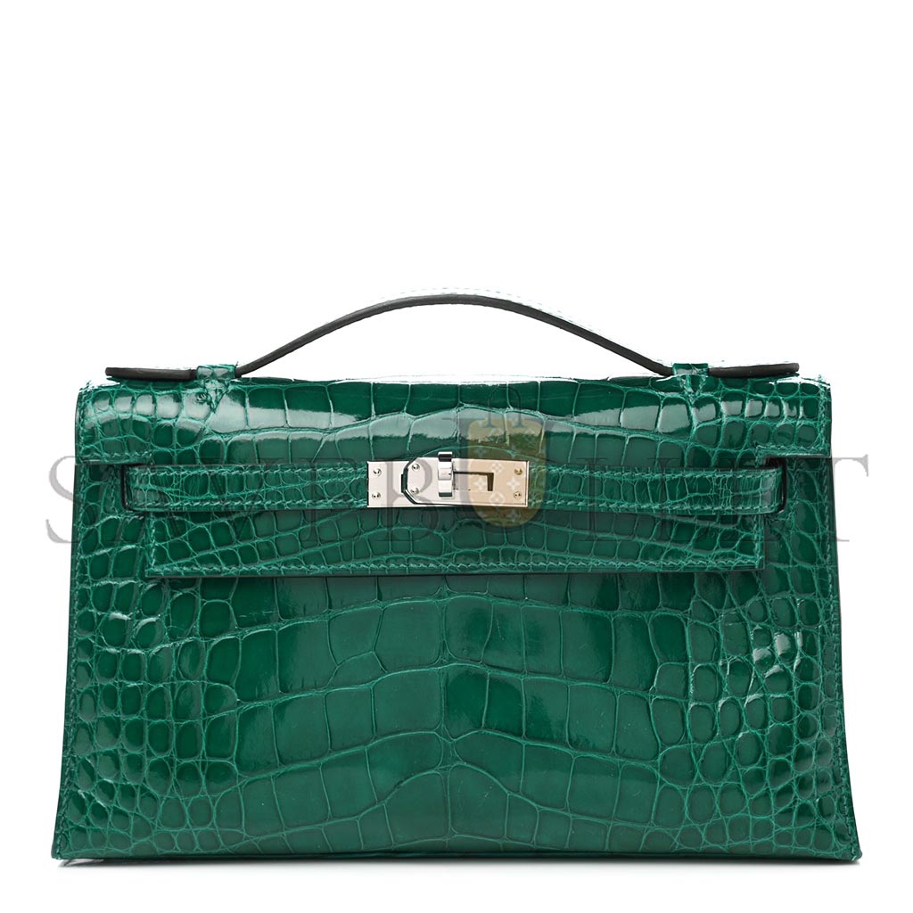 HERMÈS MASTER EMERALD SHINY ALLIGATOR MINI KELLY POCHETTE (22*14*7cm)